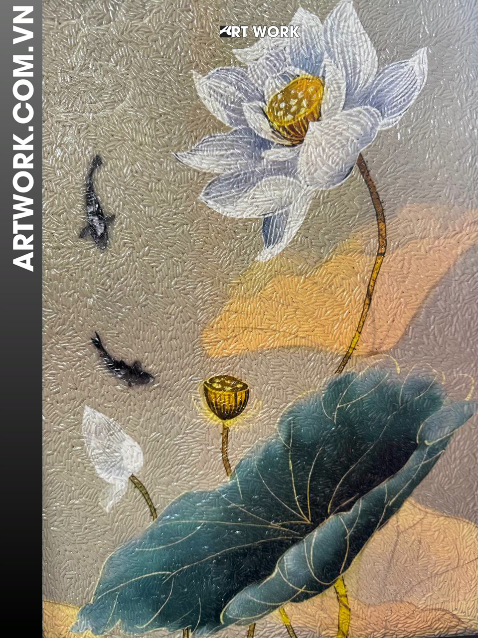 Image 2 - Lotus flower and fish Rice Painting - Vietnam ArtWork