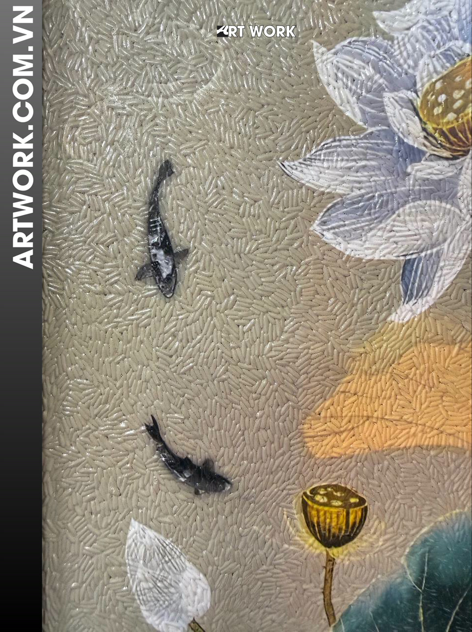 Image 5 - Lotus flower and fish Rice Painting - Vietnam ArtWork