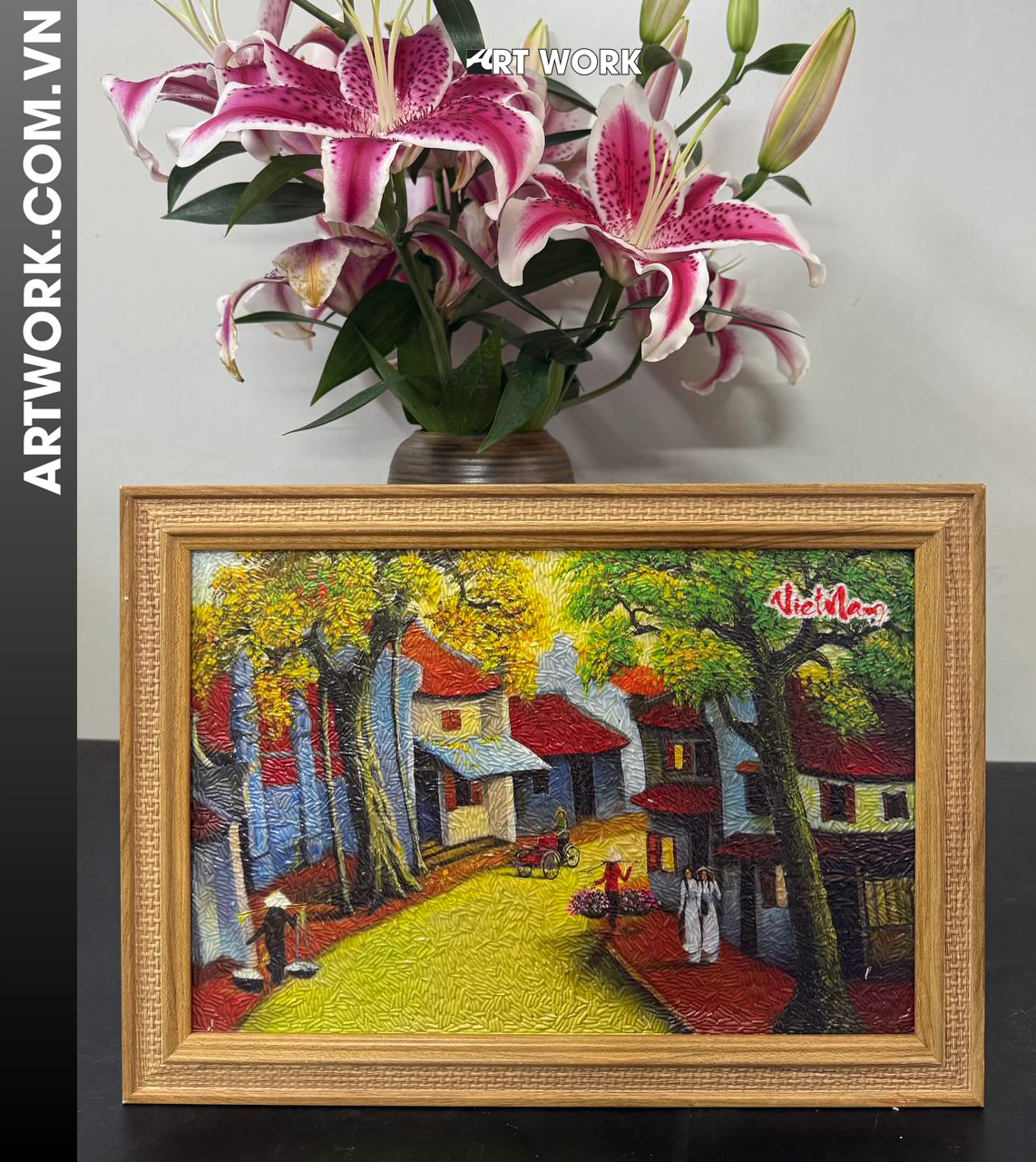 Old Quarter Rhythms Rice painting(20x30) – Reddish-Brown Frame