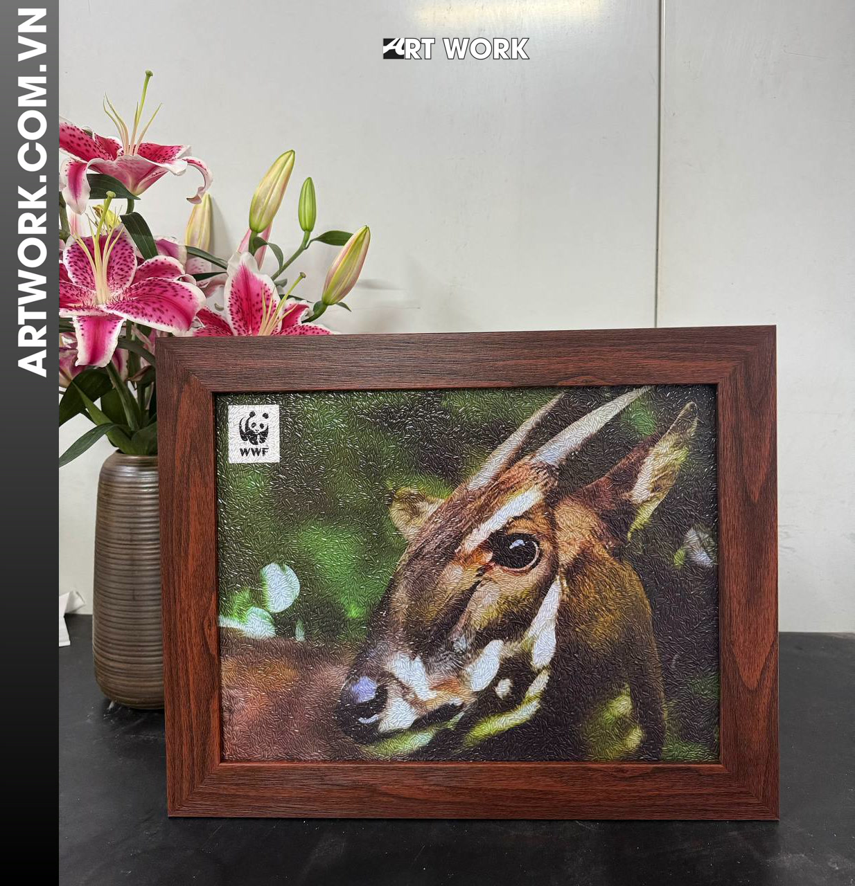 Saola Rice Painting (30x40) – Rustic Brown Wooden Frame