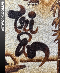 “Gratitude” Calligraphy Rice Painting (30x40) – Rustic Brown Frame