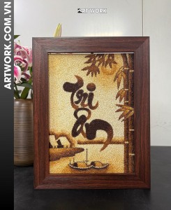“Gratitude” Calligraphy Rice Painting (30x40) – Rustic Brown Frame