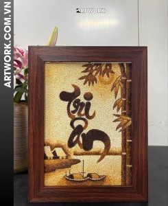“Gratitude” Calligraphy Rice Painting (30x40) – Rustic Brown Frame