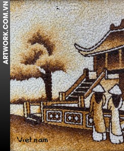 One Pillar Pagoda Rice Painting (30x40) – Rustic Brown Wooden Frame
