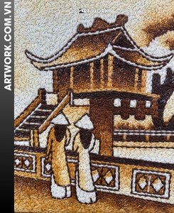 One Pillar Pagoda Rice Painting (30x40) – Rustic Brown Wooden Frame