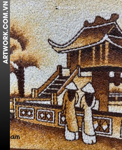 One Pillar Pagoda Rice Painting (30x40) – Rustic Brown Wooden Frame