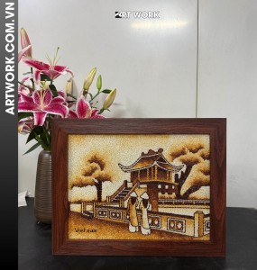 One Pillar Pagoda Rice Painting (30x40) – Rustic Brown Wooden Frame