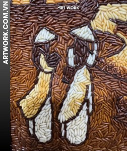 Painting rice of two girls waiting for the boat to go to the river