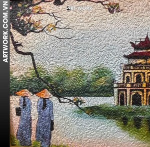 Scenes of Hoan Kiem Rice Painting (20x30) – Reddish-Brown Frame