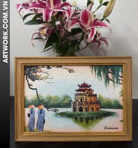 Scenes of Hoan Kiem Rice Painting (20x30) – Reddish-Brown Frame